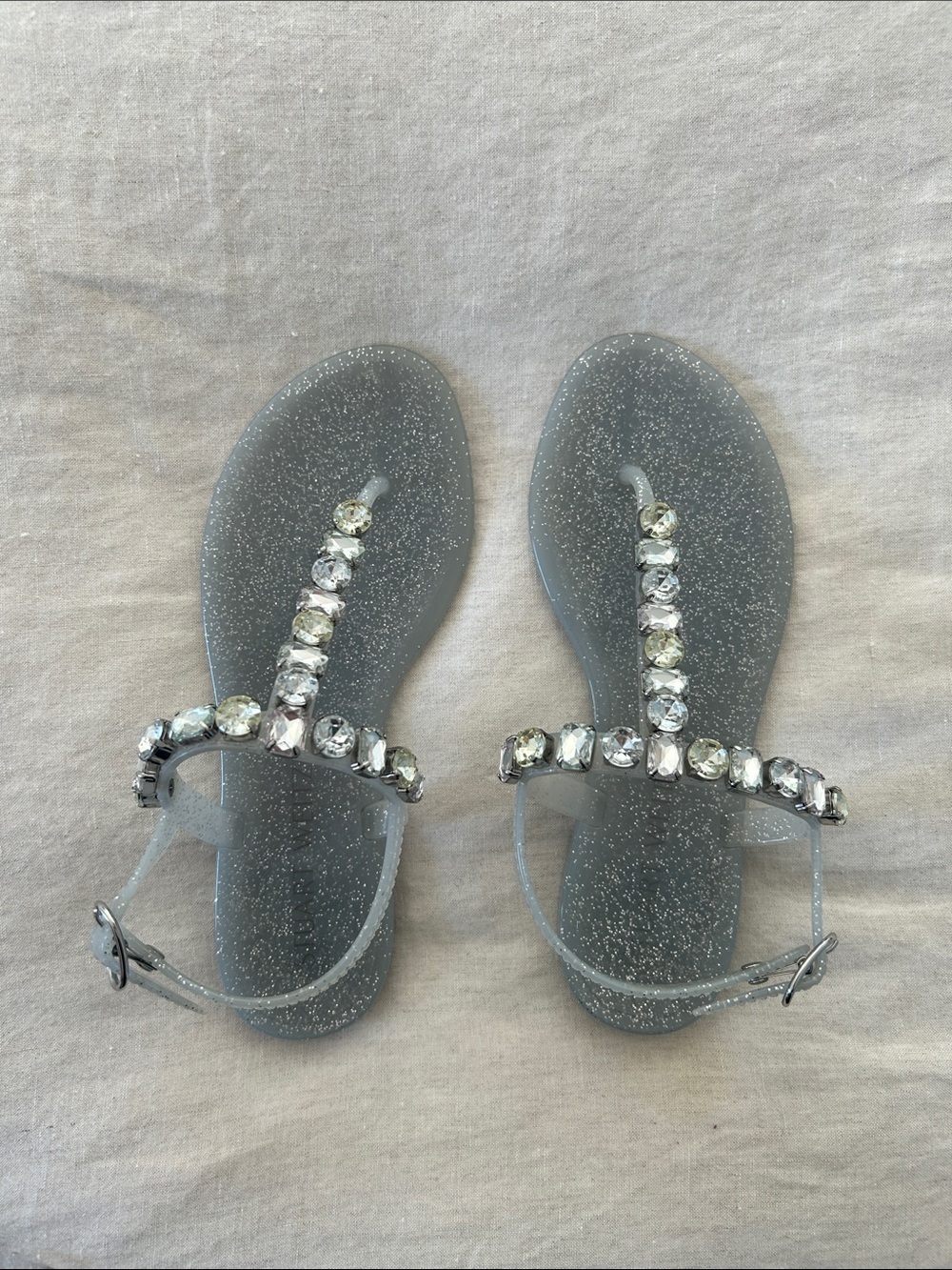 Stuart Weitzman Silver Sparkle Jeweled Jelly Sandals